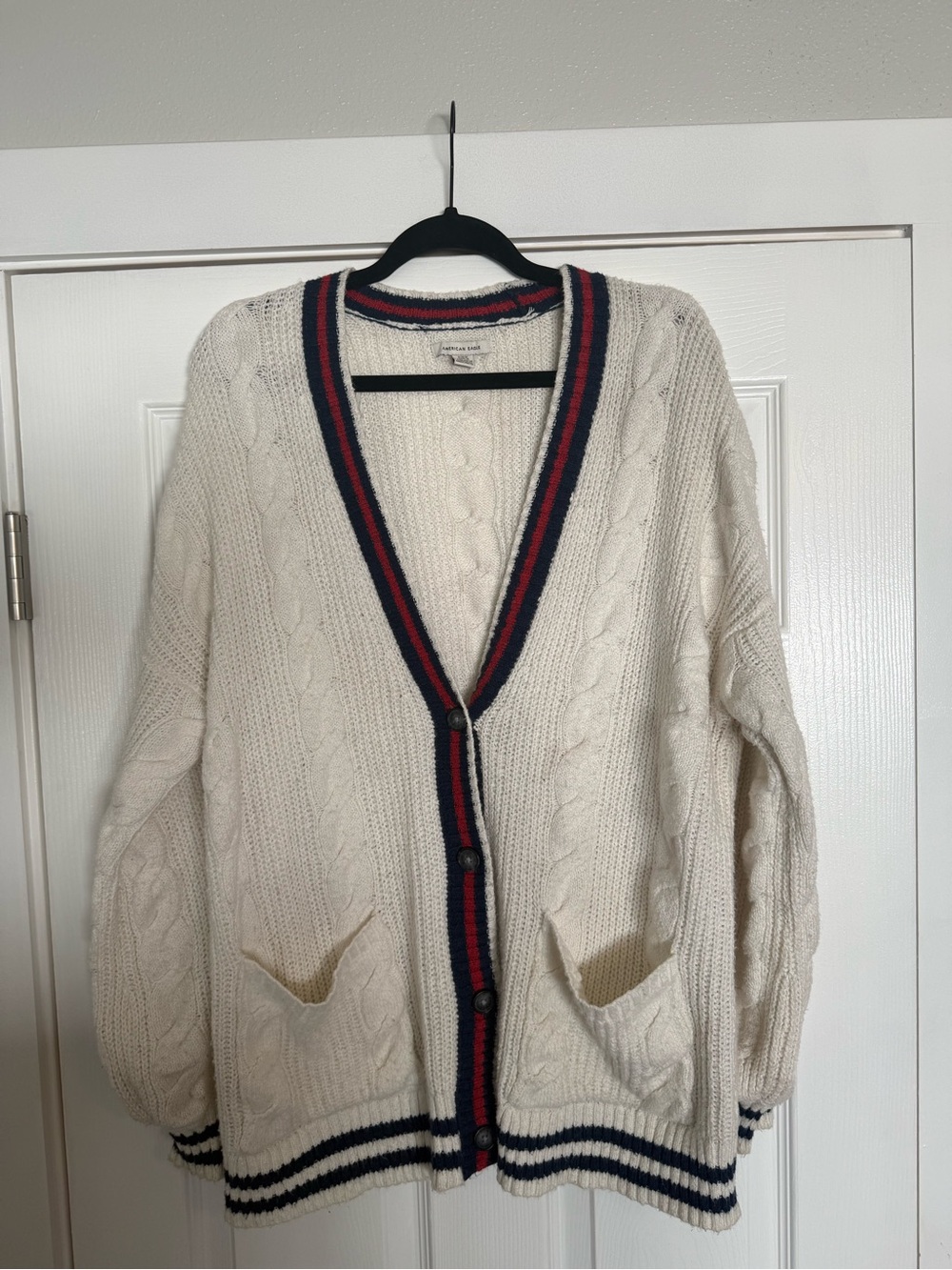 American Eagle Outfitters Ivory Cable Cardigan with Navy & Red Trim